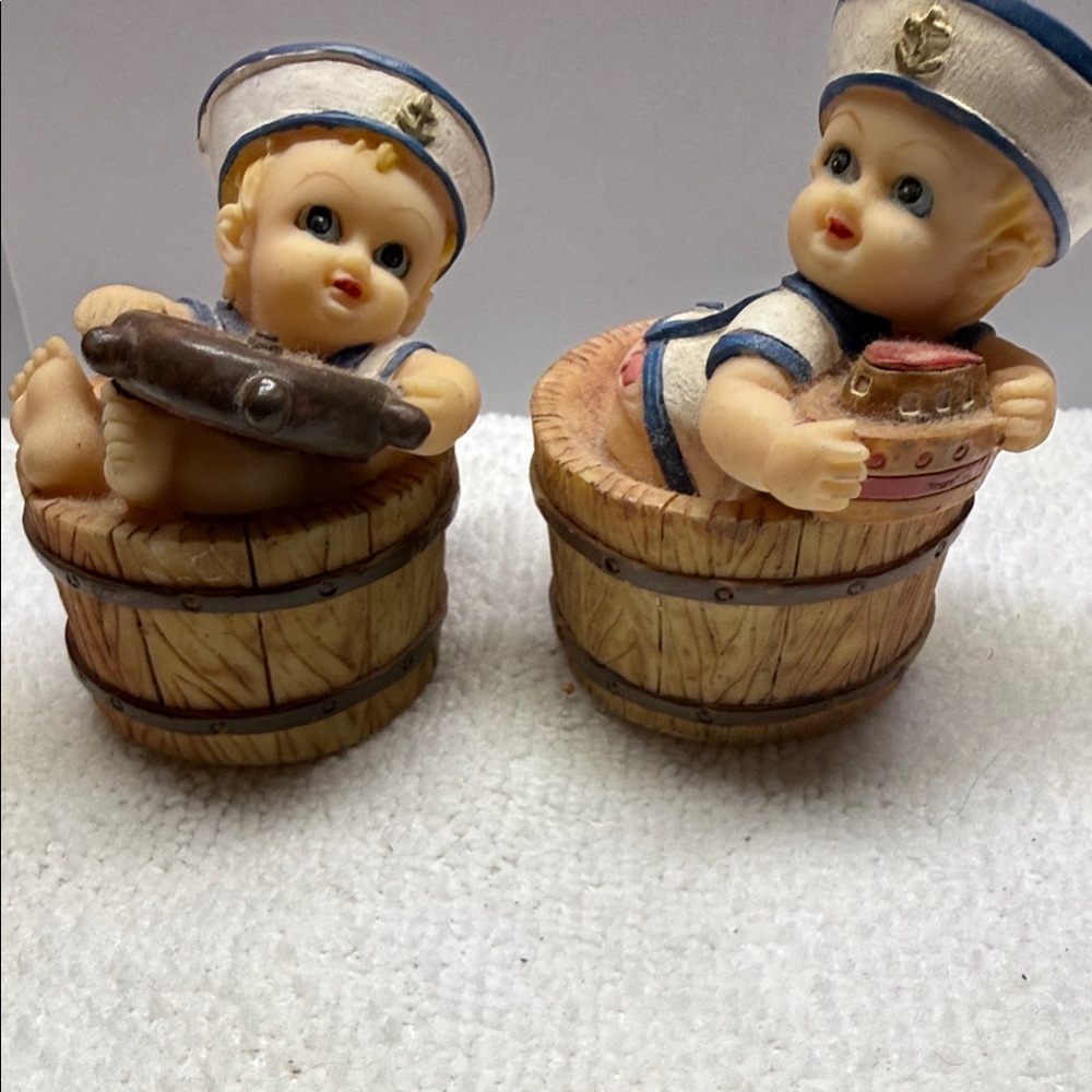 Pair of Ceramic Sailor Baby Figurines in Blue and Cream